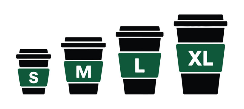 Paper cup icon, drink cup size icon, vector illustration, simple flat design representing beverages, takeout drinks, and portion sizes, ideal for apps, menus, cafes, and digital interfaces.