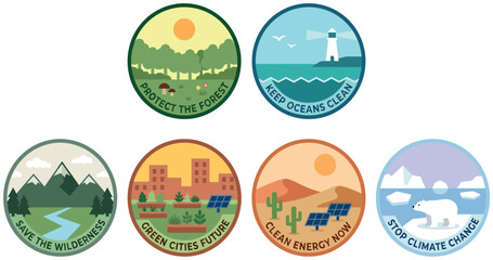 Fototapeta premium Earth Day environmental action badge set promoting forest protection, ocean cleanup, wilderness preservation, clean energy, and climate change awareness