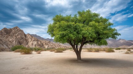 Fototapeta premium Lush Green Tree in Arid Landscape with Dramatic Sky and Mountainous Background in Desert Environment, Nature at its Best Captured on a Clear Day