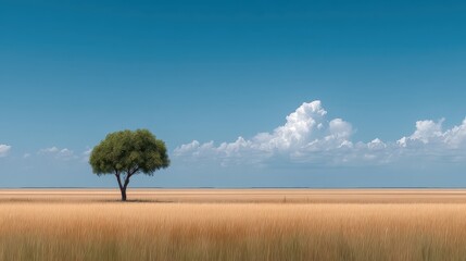 Fototapeta premium Serene Landscape with Isolated Tree Against a Vast Blue Sky Above Golden Grass Field and Fluffy White Clouds on a Peaceful Day