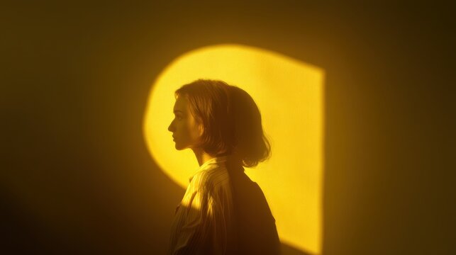 A woman in profile is illuminated by a warm yellow light against a dark background, creating a striking silhouette and shadow effect.