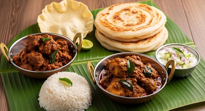 Delicious indian cuisine chicken curry rice parotta pappadum and yogurt