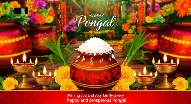 Vibrant pongal festival celebration with traditional clay pots rice flowers and oil lamps display