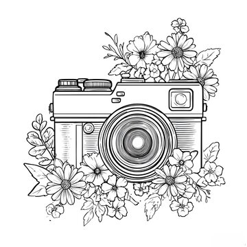 Vintage camera with flower coloring page.