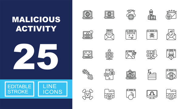 Malicious Activity set of web icons in line style. Containing virus, laptop, cloud, hacker, mail, spam, ddos, bug, bomb, server, image, phishing, key, mobile, money, skull, and more. Editable stroke