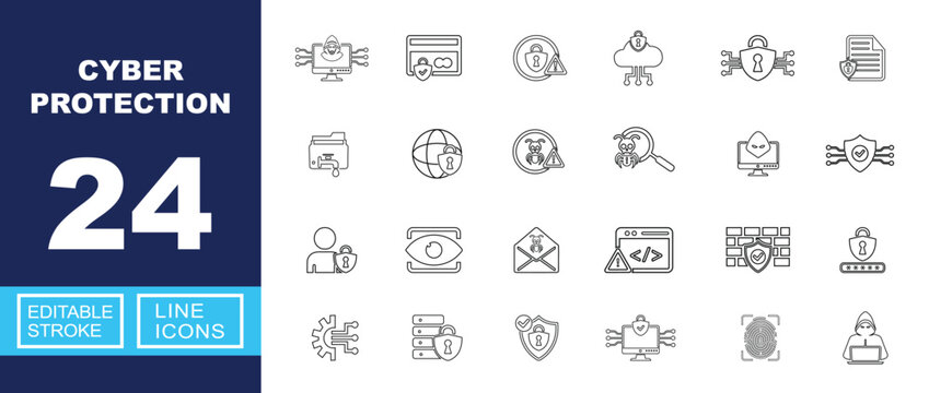Cyber protection set of web icons in line style. Containing hacker, credit-card, security, cloud, shield, document, database, network, malware, magnifier, monitor, firewall, and more. Editable stroke