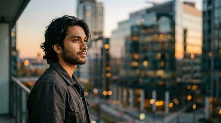 Fototapeta premium Person standing on a balcony enjoying a beautiful city skyline at sunset