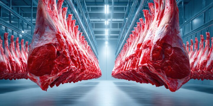Rows of beef carcasses hang in a sterile industrial cold storage facility