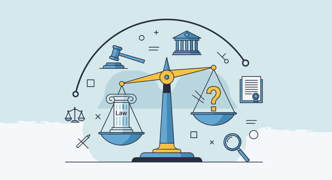 Justice scales with question mark on one side law and investigation concept