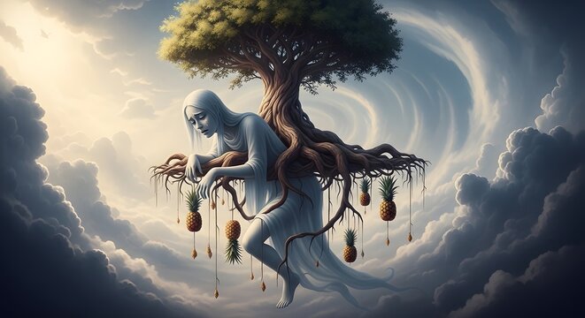 A surreal illustration of a woman with long white hair sitting on tree roots with pineapples hanging from them in a cloudy sky with sun