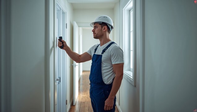 A construction worker wearing a hard hat and blue overalls checks the temperature with a device in a hallway