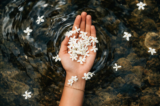 Hand Holding White Flowers Floating on Clear Water with Natural Rocks Background