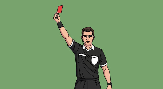 Referee holding red card vertically up.