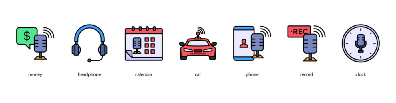 Podcast Essentials web banner icon vector illustration featuring money, headphone, calendar, car, phone, record, and clock for digital broadcasting and creative media.