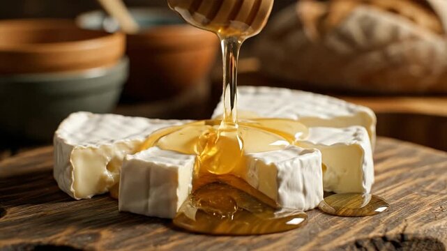 Honey being drizzled over a delicious block of brie cheese on a rustic wooden board, a perfect gourmet snack.