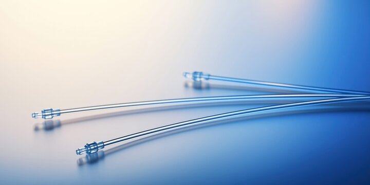 Close-up of thin flexible medical tubing with clear connectors on a reflective blue surface