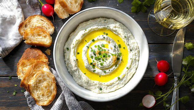 French Cervelle de Canut - Lyonnais Herbed Cheese Dip - Traditional Fromage Blanc with Fresh Herbs Food Photography