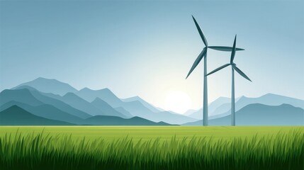 Fototapeta premium Serene Landscape with Wind Turbines Against Majestic Mountains and Soft Green Grass Under a Calm Blue Sky During Early Morning Light