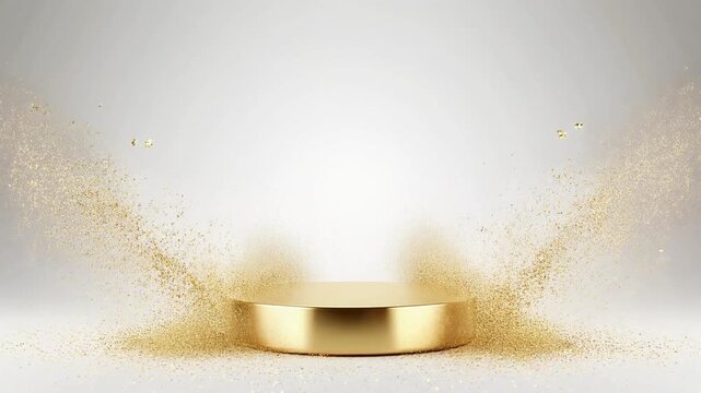 Gold Dust and Glitter Swirling Around Beauty Product on White Background