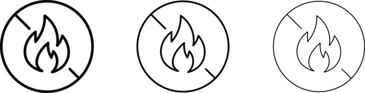 No fire icons set, flammable warning symbols in thin line style, prohibited open flame sign collection, fire safety vector graphics