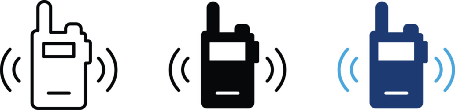 Walkie talkie icon set in outline and solid styles, portable radio transceiver symbols, wireless communication device vector graphics