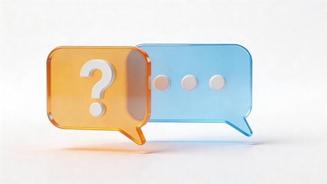 3D glass chat bubbles with question mark and dots concept of FAQ customer support online help communication inquiry feedback chatbot virtual assistant modern UI icon isolated on