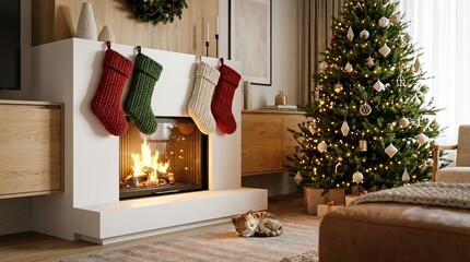 Obraz premium Cozy Christmas morning in a modern hygge living room with a burning fireplace, knit stockings, and a cute tabby kitten sleeping by the warm fire.