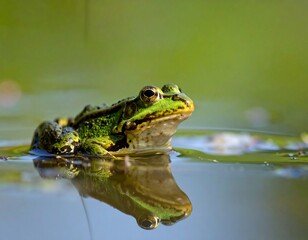 Obraz premium Close-up of a vibrant green frog in water, partially submerged, reflection visible