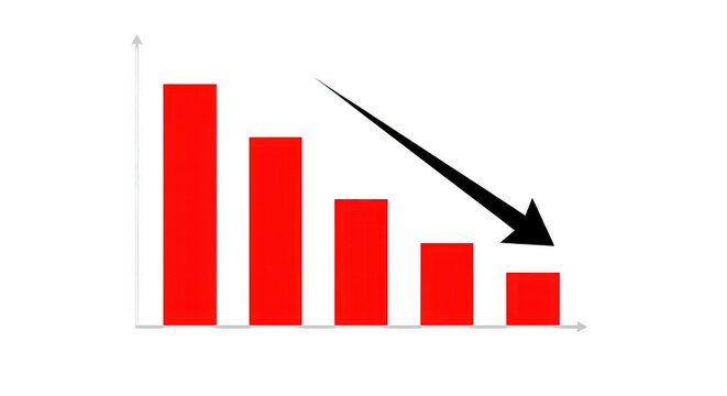 A downward trending bar chart with a large arrow pointing downwards isolated on transparent background