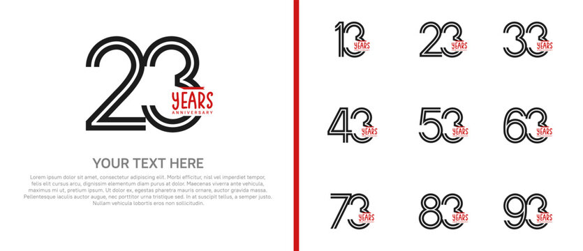 anniversary logo set with red ribbon. black number on white background for celebration moment