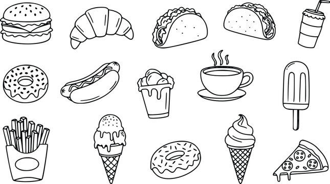 Vector illustration collection of fast food icons including burgers, tacos, crispy fries, cold ice cream, hot coffee and sweet donuts drawn in a clean simple line art style.