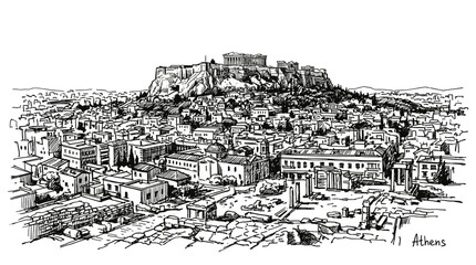 Obraz premium A detailed black and white sketch of the Acropolis of Athens, Greece, overlooking the city.