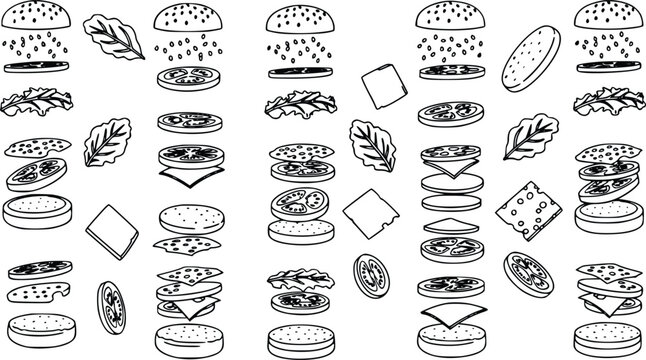 Black and white vector illustration showcasing hamburger ingredients,floating buns, patties, cheese slices, fresh tomato slices, and crisp lettuce leaves, perfect for food graphic design projects