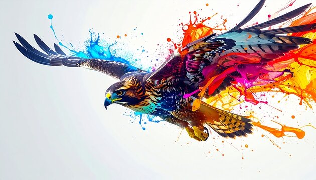 カラフルインク軌跡の急降下タカ