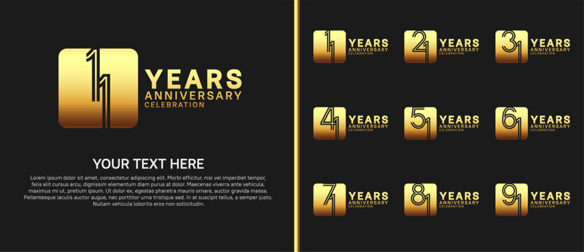 anniversary logo set with circle. gold color on black background for celebration moment
