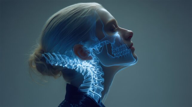 Profile of a woman with digital X-ray overlay showing skull and cervical spine anatomy.