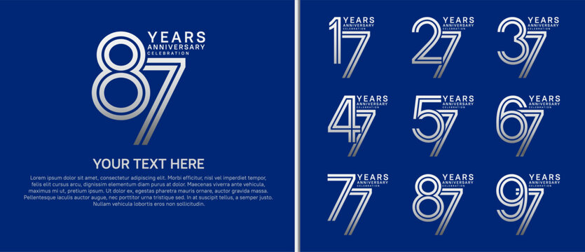anniversary logo set multiple line style. silver color on blue background for celebration moment