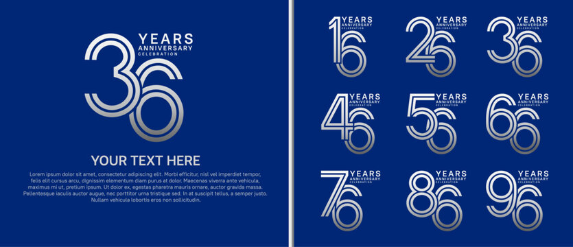anniversary logo set multiple line style. silver color on blue background for celebration moment