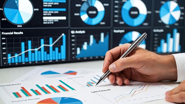 Business performance analysis graphs and reports in a modern office environment