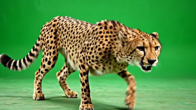 A cheetah with spotted fur walks across a green screen studio background, showcasing its powerful stride and elegant form.