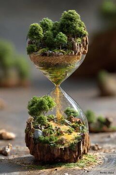 Miniature Ecosystem within Hourglass Representing Nature's Delicate Balance