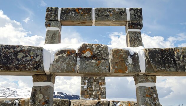 A stone structure with snow on top against a cloudy sky
