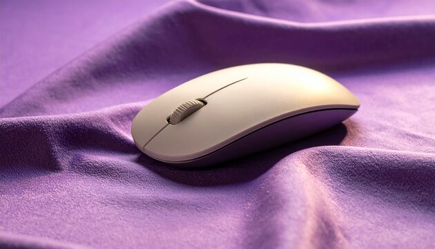 Sleek Light-Colored Computer Mouse on Purple Fabric Surface with Soft Folds