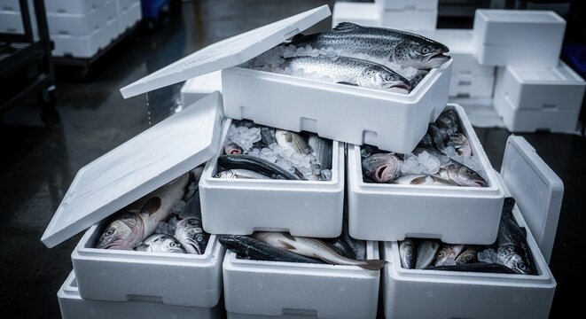 Fresh whole fish packed in white styrofoam crates with crushed ice at a wholesale seafood market or processing plant.
