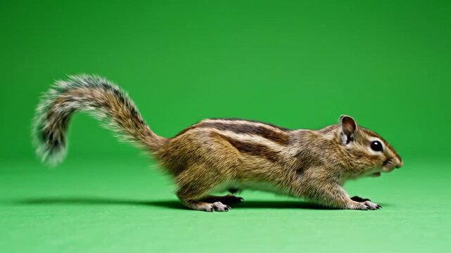 A small, striped chipmunk with a bushy tail is captured in profile against a vibrant green studio background.