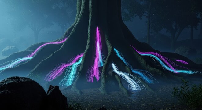 Mystical Tree Roots: A mesmerizing depiction of a tree's intricate root system, illuminated with vibrant neon streaks, in a fantastical forest setting.