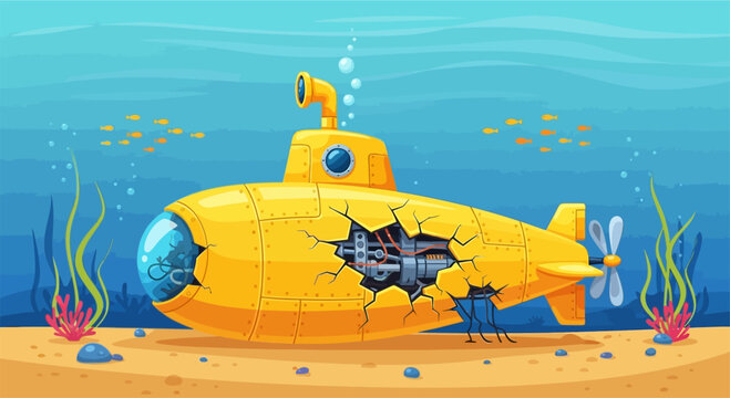 A vibrant yellow cartoon submarine with a large hole revealing internal machinery, resting on the sandy ocean floor amidst seaweed and small fish.