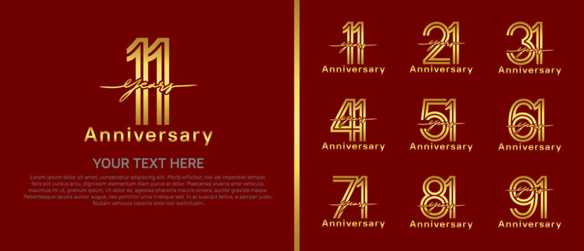 anniversary logo set with handwriting. golden color on red background for celebration moment