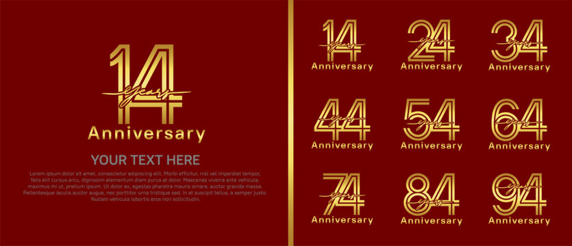 anniversary logo set with handwriting. golden color on red background for celebration moment