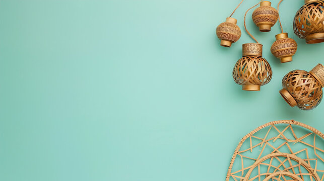 Bohemian rattan dreamcatcher and hanging terracotta vases with ornate patterns on a serene teal background evoking a cozy natural and artistic atmosphere with soft natural